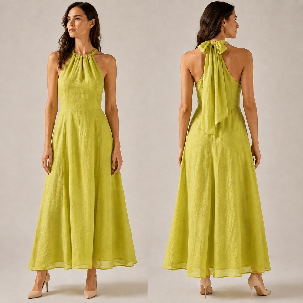 Soft Surroundings Soliloquy Linen Silk Halter Maxi Dress Linden Green Large NWT